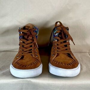 Brown Suede and Blue Western Print Women's Hightop Sneakers